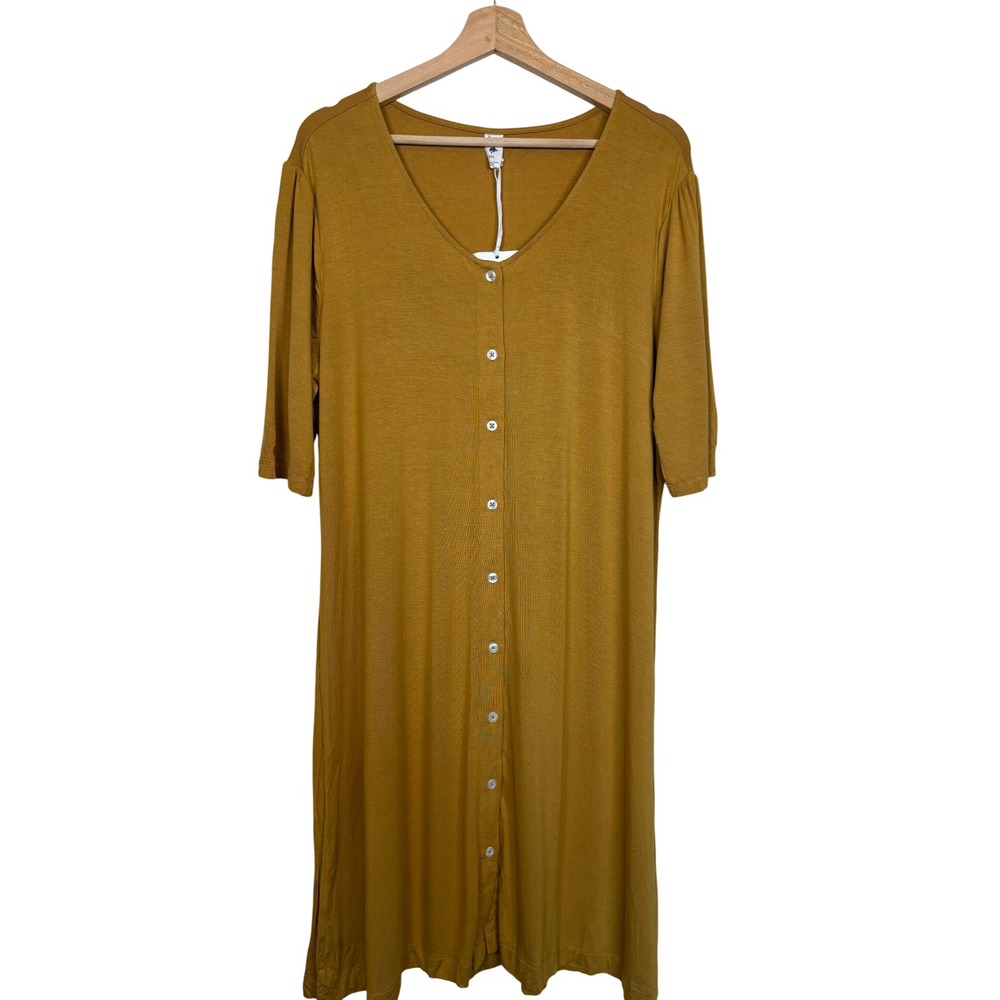 Kate Quinn Bamboo V-Neck Button Front Midi Dress XXL Mustard Yellow Earthy Boho